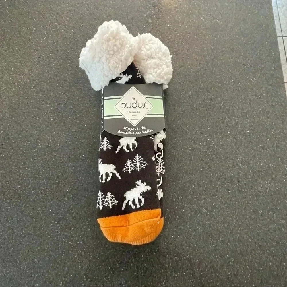 Pudus Slipper Socks Warm Deer Tree Ourdoor Themed Non Slip Gripper Sole Vegan